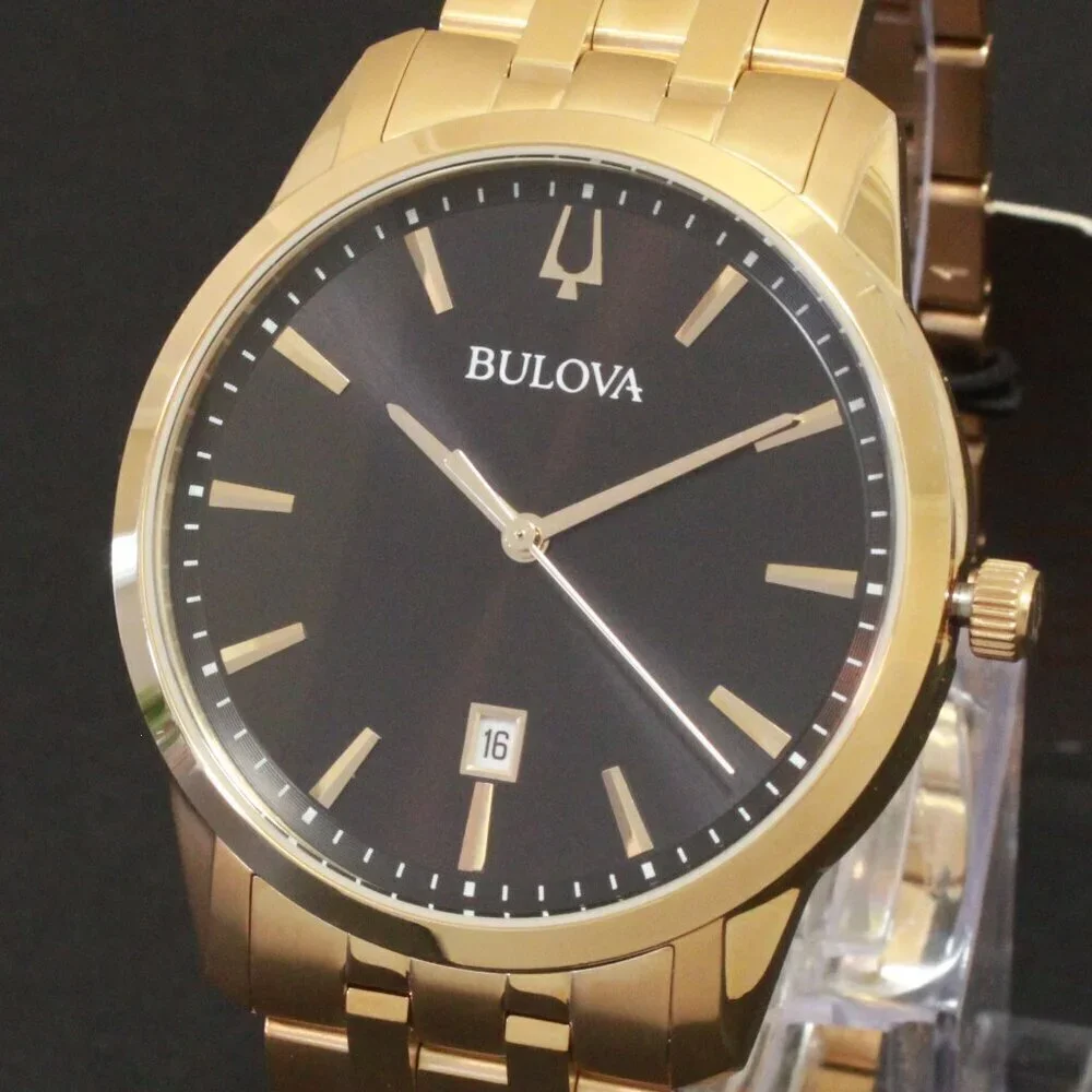 Bulova Men's Classic Sutton Watch Gold Tone Black Dial Date At Six 40mm
